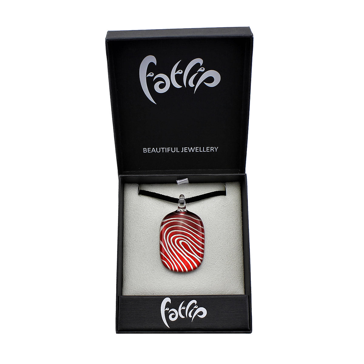 SWN557 - Red Glass White Striped Rectangle Pendant Necklace