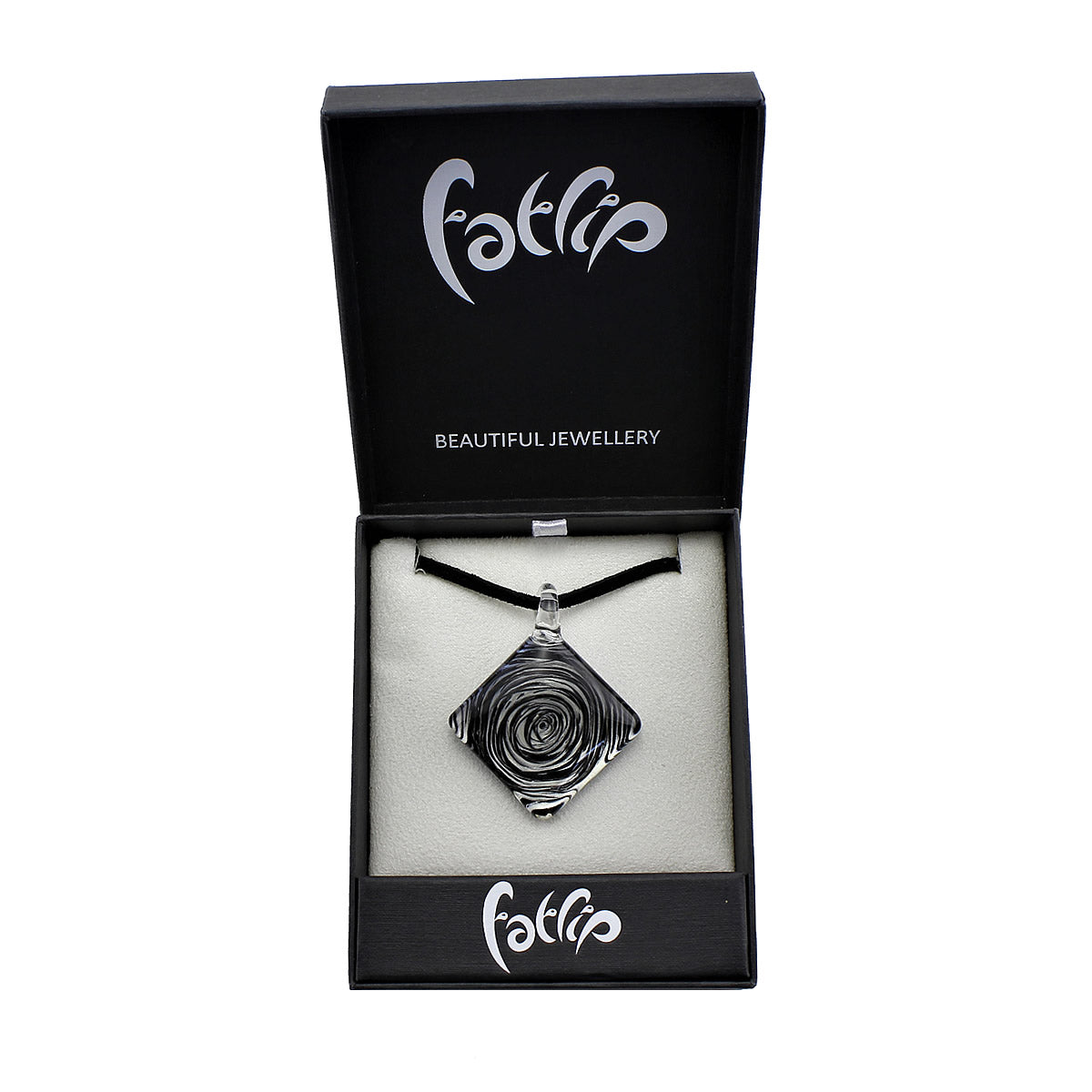 SWN567 - Black Glass Diamond Swirl Pendant Necklace