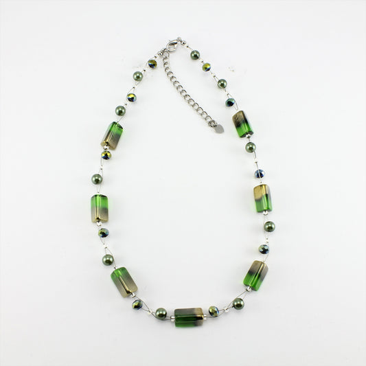 WSWN0043GN - PIPPA - Green/Gold Rectangle Glass Crystal Necklace