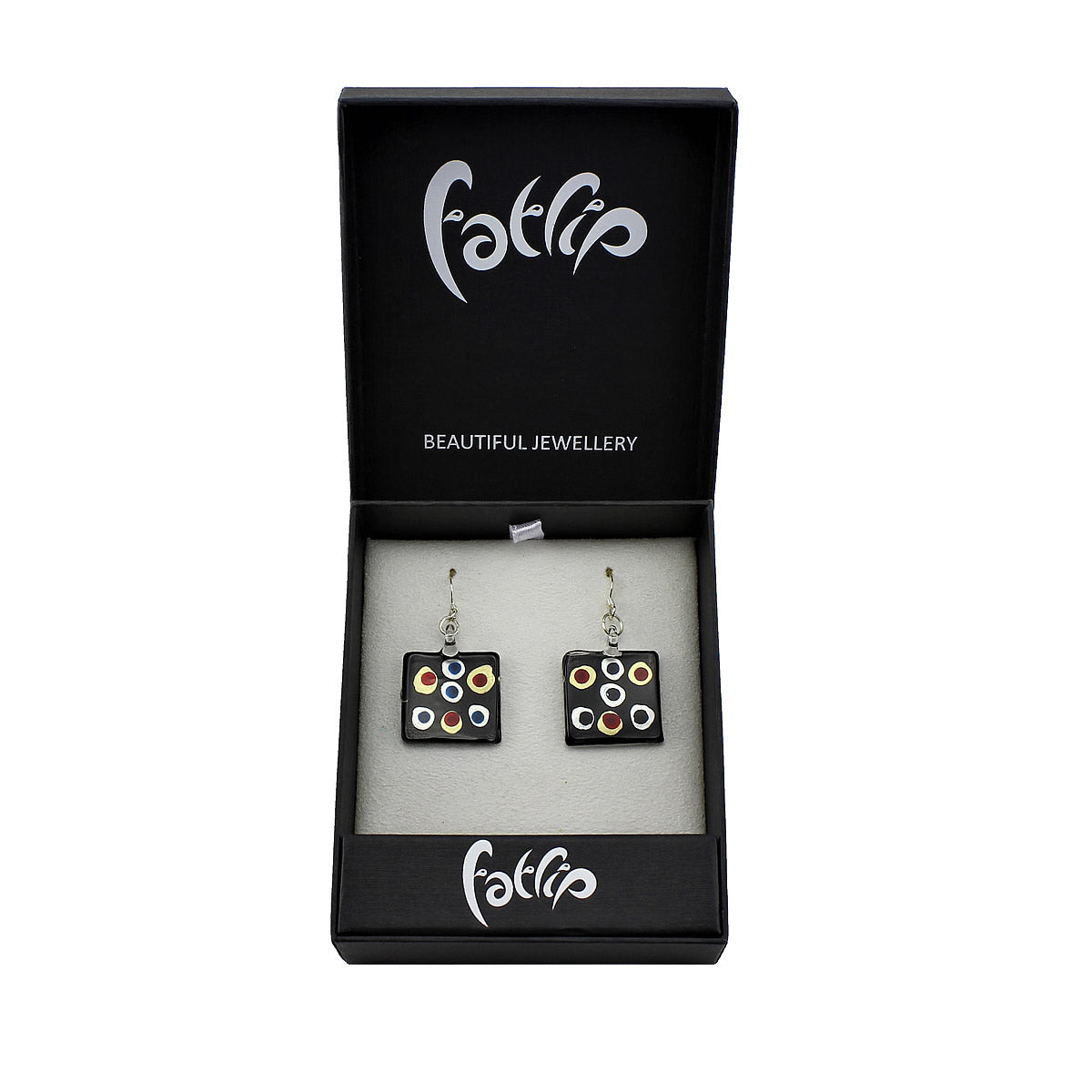 SWE508 - Black Glass Square Multi-colour Dot Drop Earring