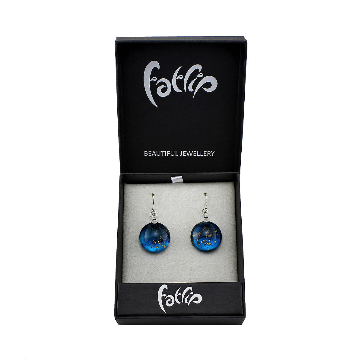 SWE521- Midnight Blue Glass Round Gold Fleck Drop Earring
