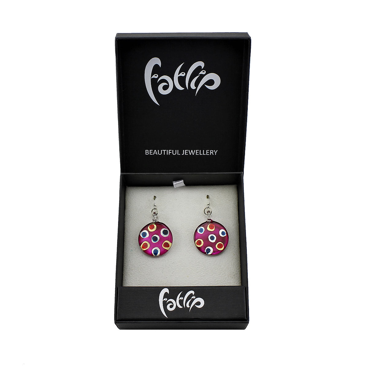 SWE537 - Fuchsia Pink Glass Round Multi-colour Dot Drop Earring