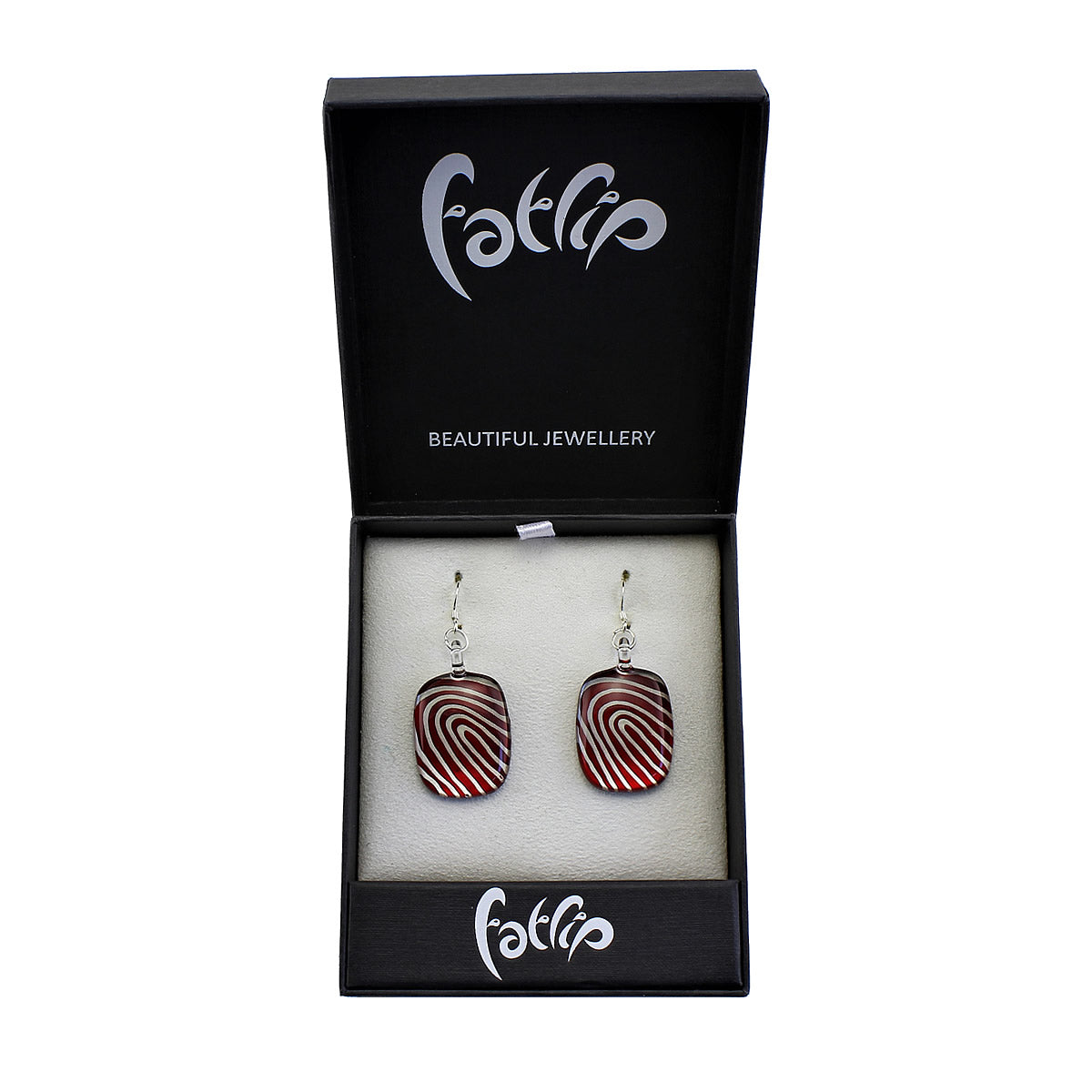 SWE557 - Red Glass Rectangle White Striped Drop Earring