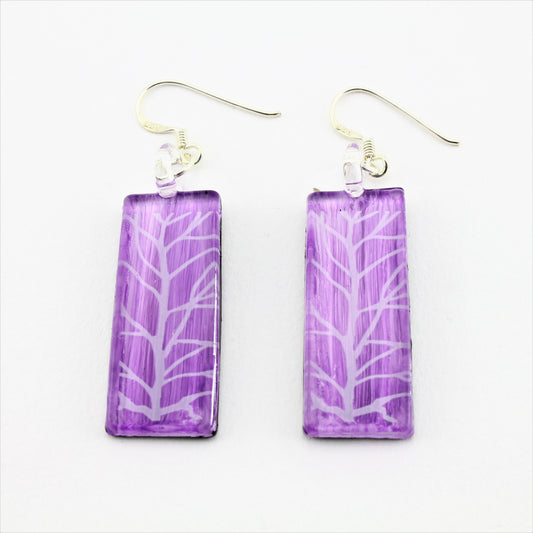 WSWE579 - Rectangle Purple Tree Of Life Glass Earrings