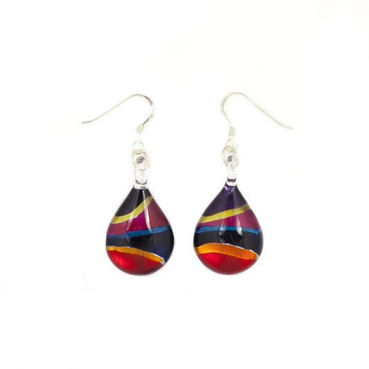 A beautiful hand-made lampwork glass neon stripe rectangle earring individually painted. With sterling sliver hooks.