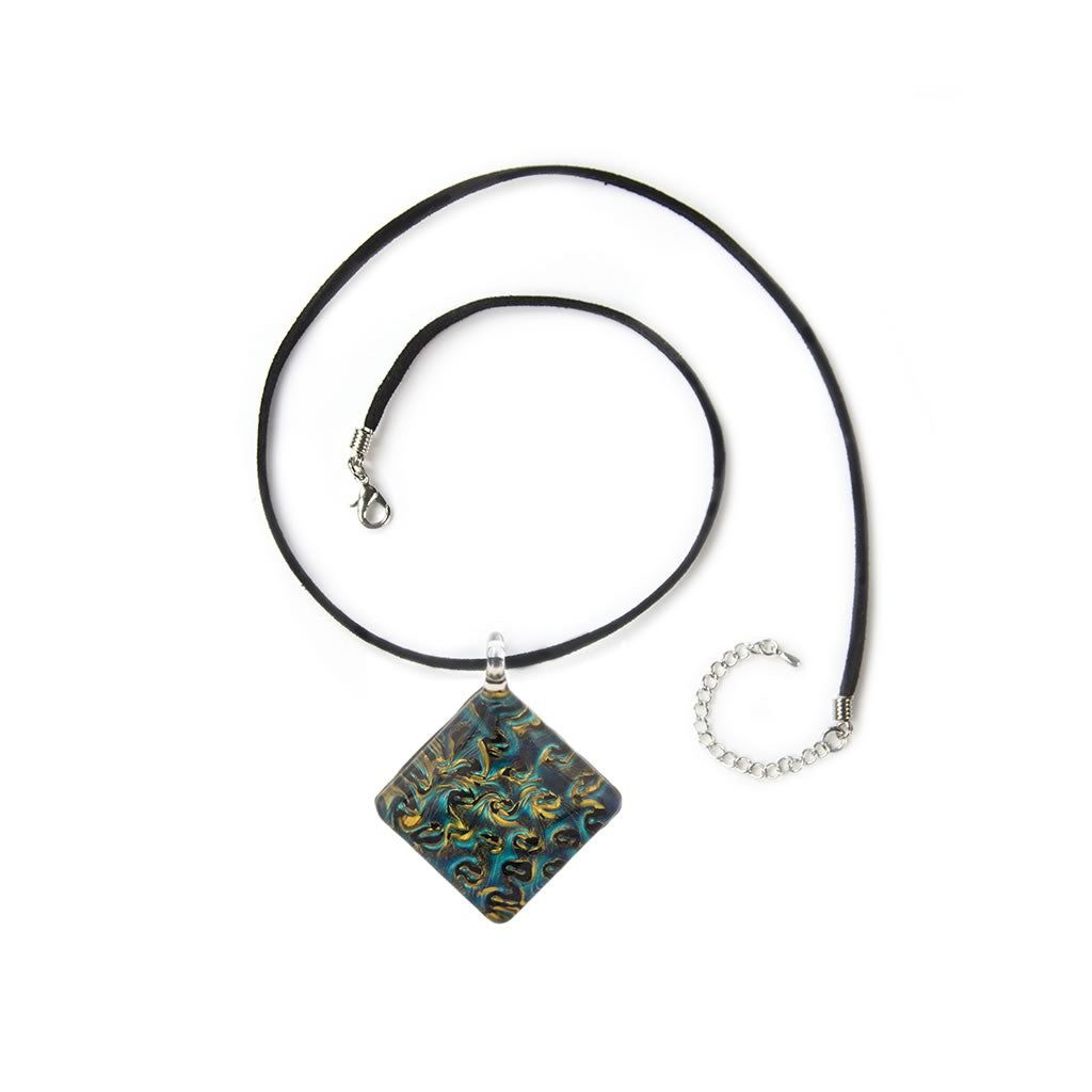 A beautiful hand-made lampwork glass pendant individually painted. Comes with a leather suede cord necklace.