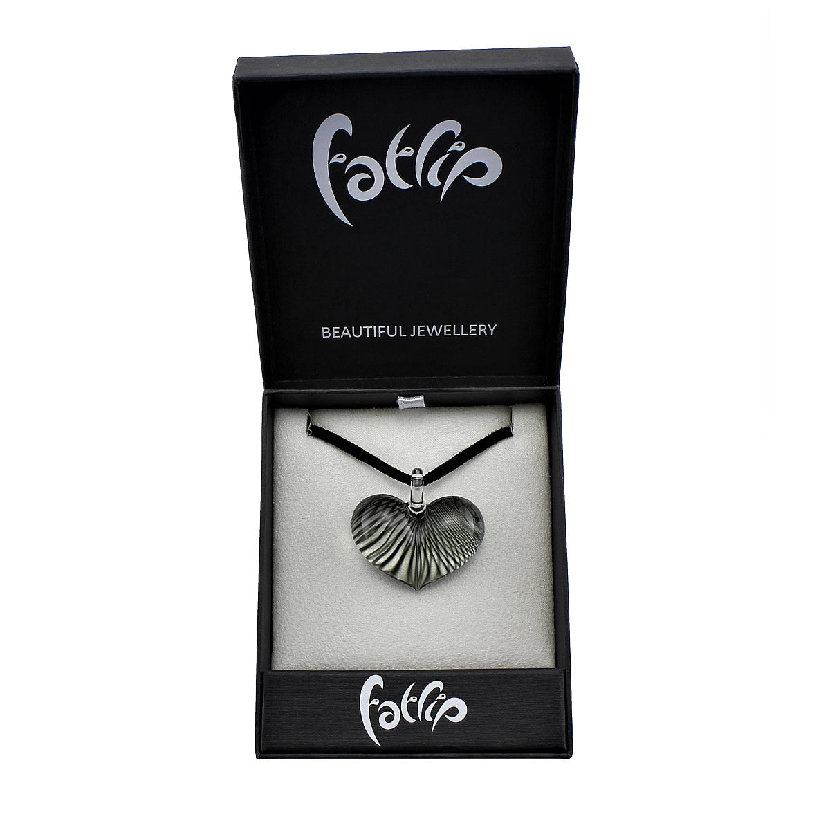 SWN570 - Black Striped Glass Heart Pendant Necklace