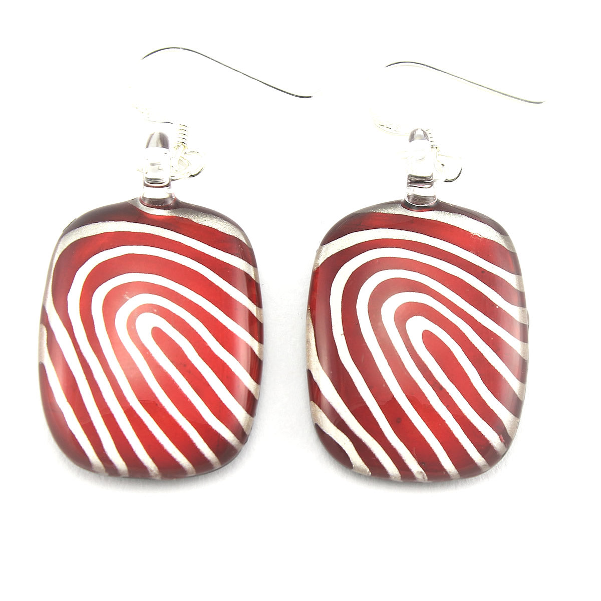 SWE557 - Red Glass Rectangle White Striped Drop Earring