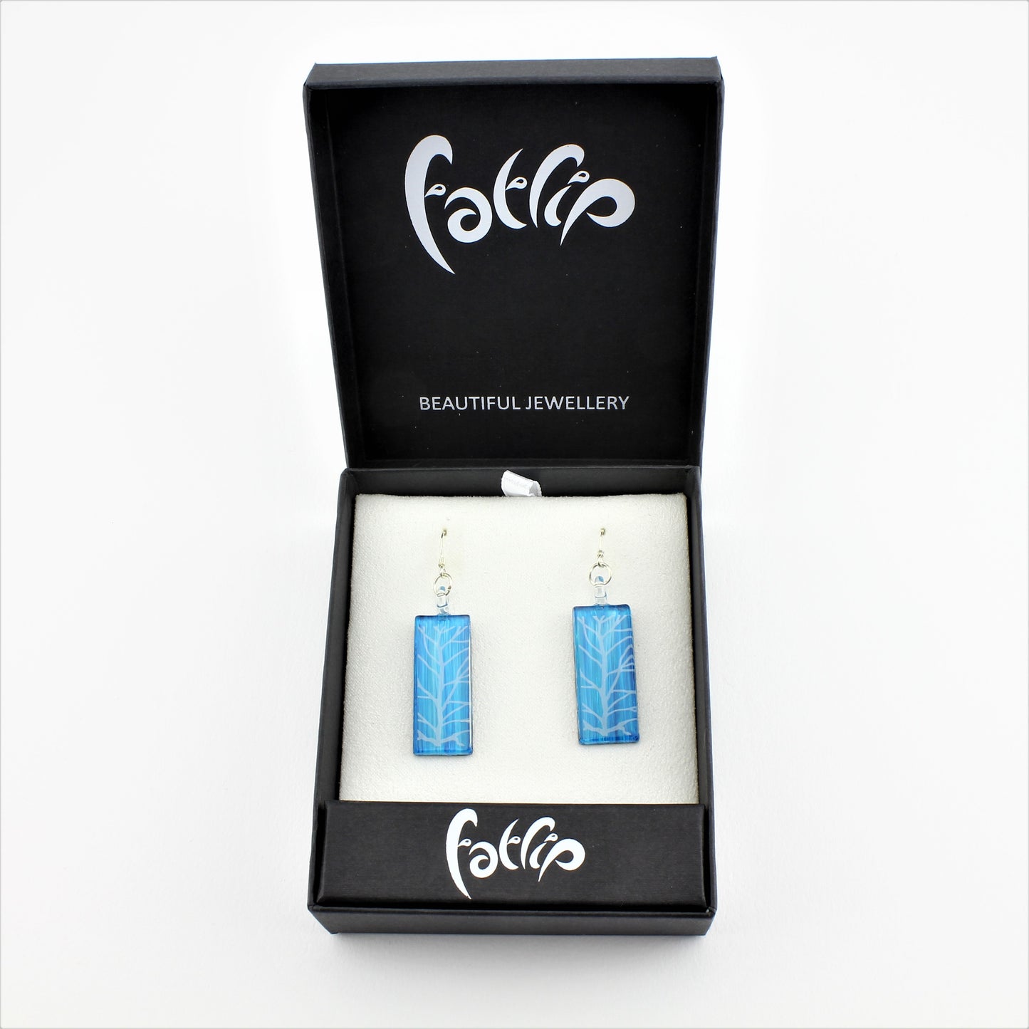 SWE576 - Rectangle Turquoise Tree Of Life Glass Heart Earrings