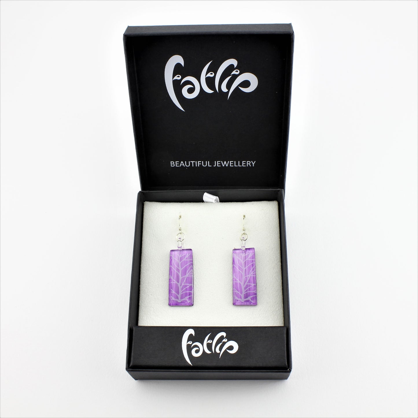 SWE579 - Rectangle Purple Tree Of Life Glass Earrings