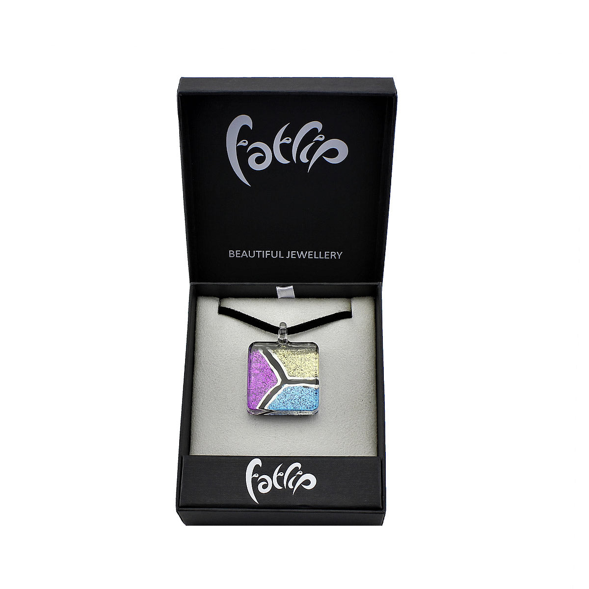 SWN535 - Purple Blue Gold Glass Square Glitter Pendant Necklace
