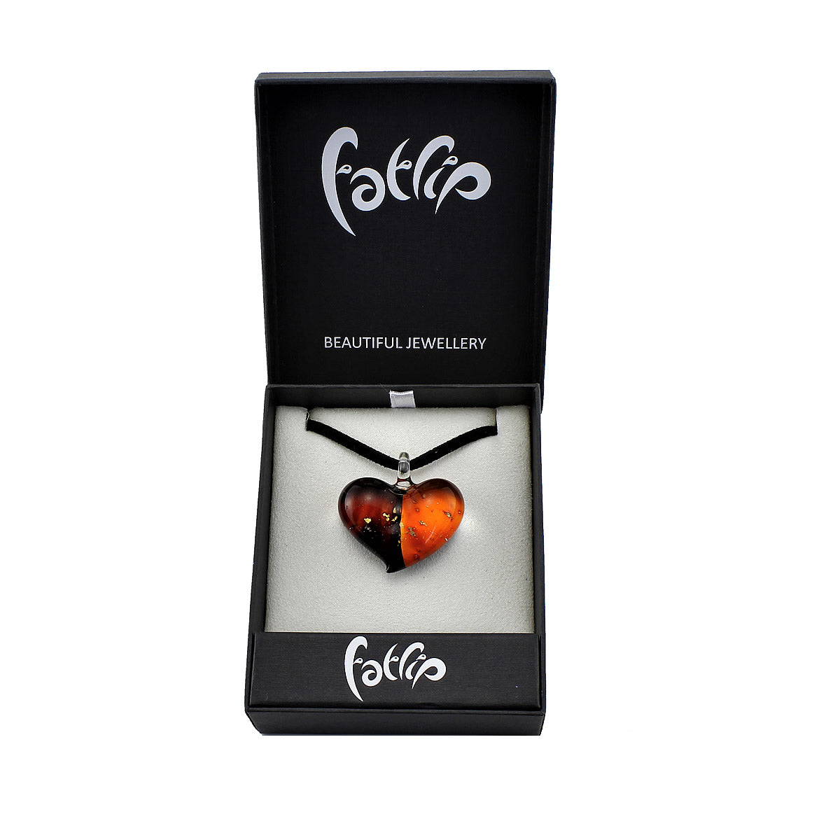 SWN545 - Red Orange Glass Heart Two-tone Pendant Necklace