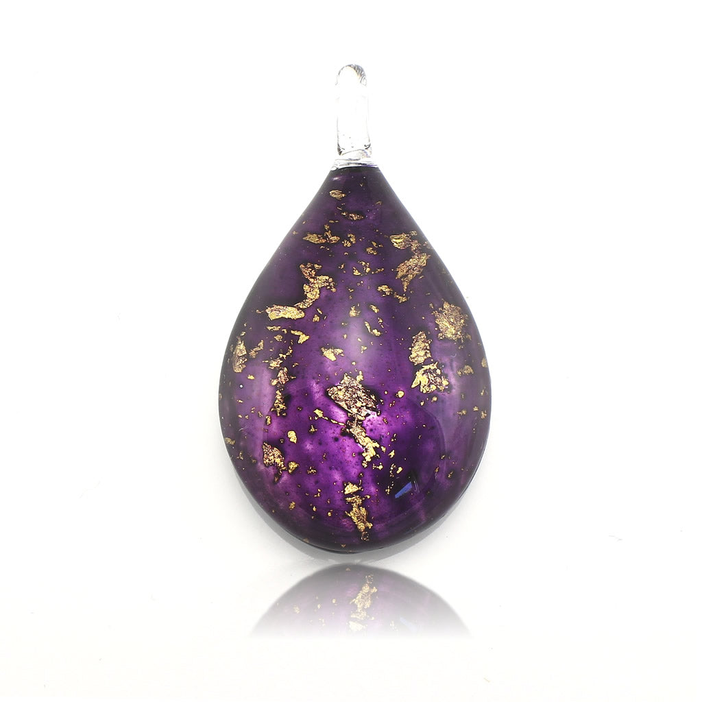 SWN558 - Purple Glass Teardrop Gold Fleck Pendant Necklace