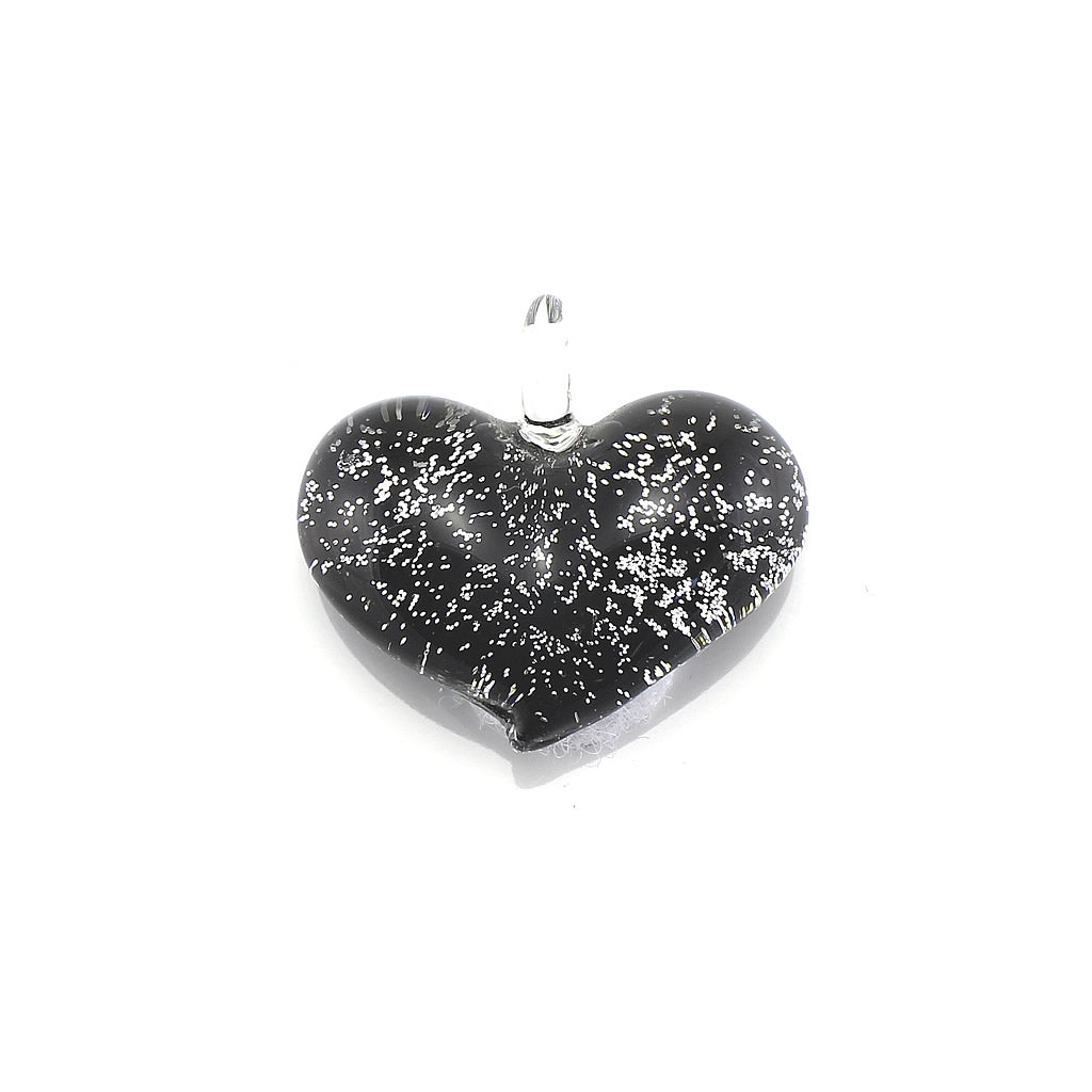 SWN572 - Black Glass Heart Silver Fleck Pendant Necklace