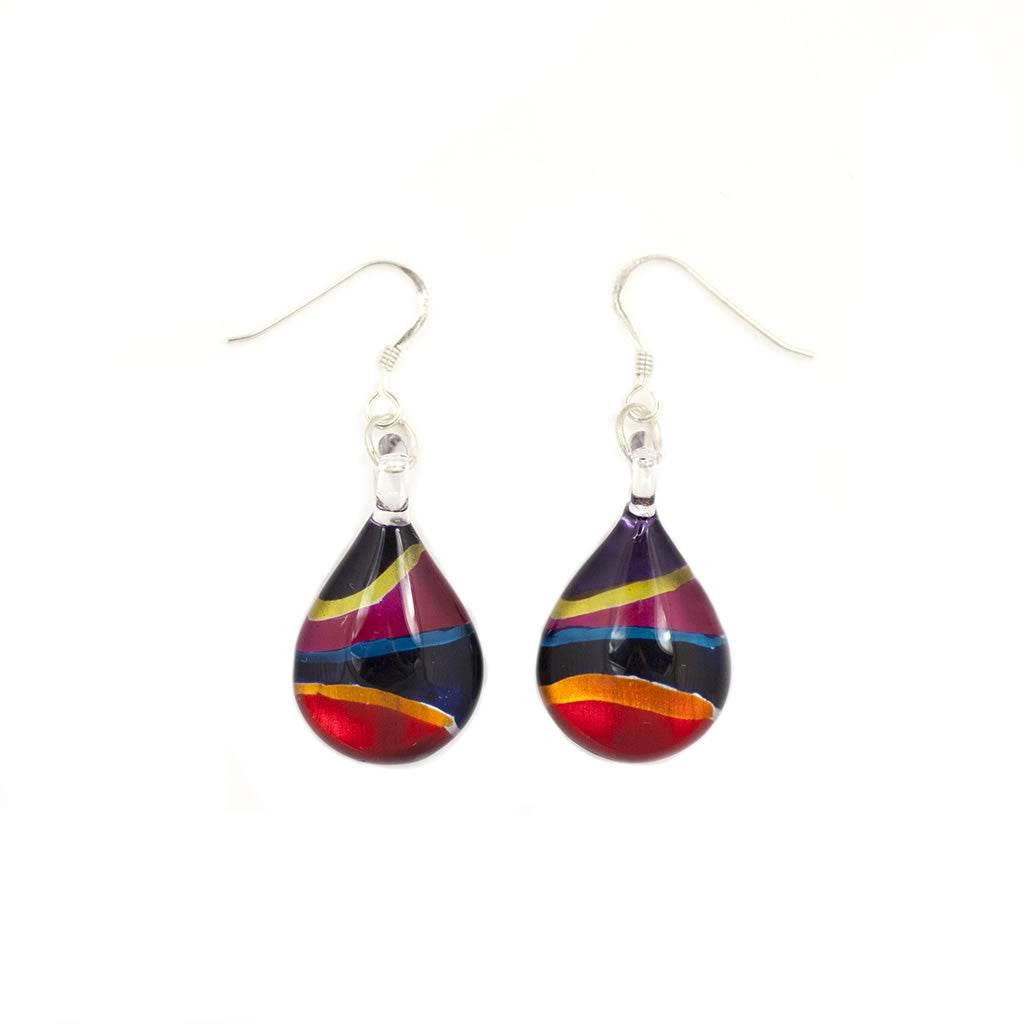 A beautiful hand-made lampwork glass neon stripe rectangle earring individually painted. With sterling sliver hooks. 