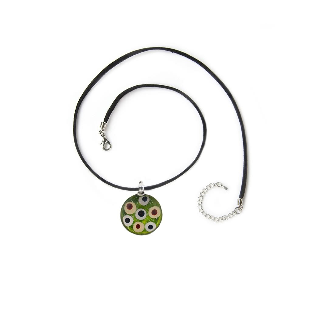 A beautiful hand-made lampwork glass pendant individually painted. Comes with a leather suede cord necklace. 